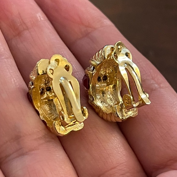 Ruby red pave set crystal gold tone clip on earrings - Picture 3 of 7